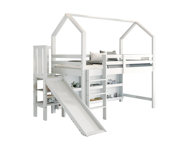 Lit mezzanine enfant 90 x 200 cm avec toboggan, escalier et rangements, blanc - Conforama A