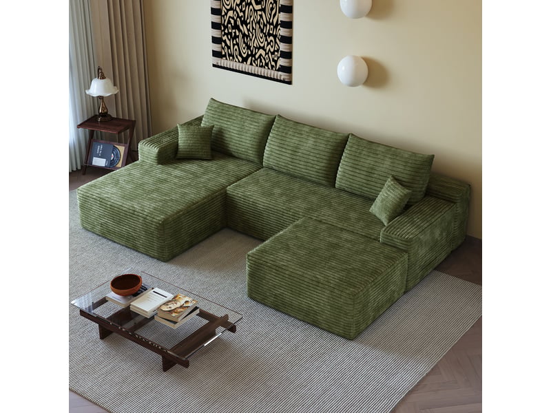 Canapé d’angle modulaire avec méridienne et assise profonde - lpospi - mousse haute élasticité, tissu côtelé vert - Conforama C