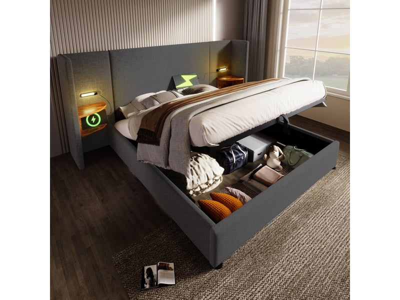 Lit coffre hydraulique 180x200 en lin gris, avec liseuses et ports usbusb-c - Conforama B