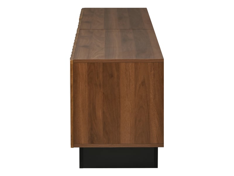 Meuble tv 180x40x50cm avec 4 portes à relief arqué 3d, étagères fixes, passe-câbles et socle noir, style mid-century, noyer evarich - Conforama D