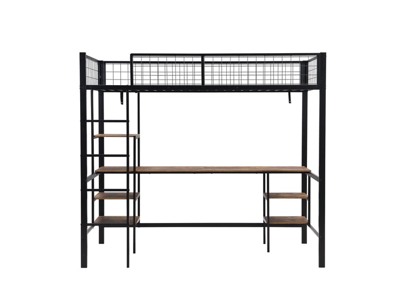  Lit mezzanine 90x200 cm, lit surélevé avec bureau et étagère pour enfant et adolescent, structure en métal et bois avec échelle 4 marches, noir  - Conforama D