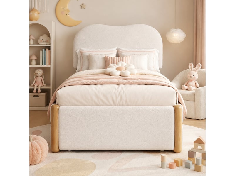  Lit gigogne 90x200 cm rembourré avec lit coulissant, revêtement peluche blanc  - Conforama B