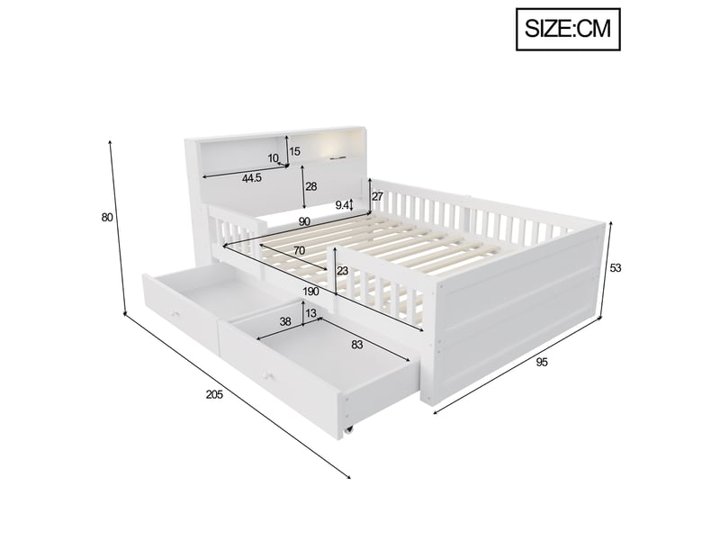  Lit enfant 90 × 190 cm 1 place avec 2 tiroirs, usb, port type c et lampe de lecture, sans matelas, blanc  - Conforama D