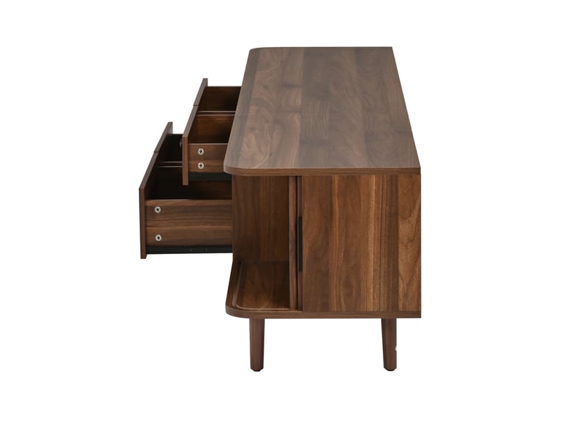  Meuble tv avec 4 tiroirs et 2 portes coulissantes, rangement bas fermé pour salon, en mdf noyer, 165 × 40 × 46 cm  - Conforama E