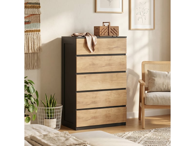  Commode en bois à 5 tiroirs avec poignées rainurées, 60 x 39 x 100 cm, noir et chêne  - Conforama C