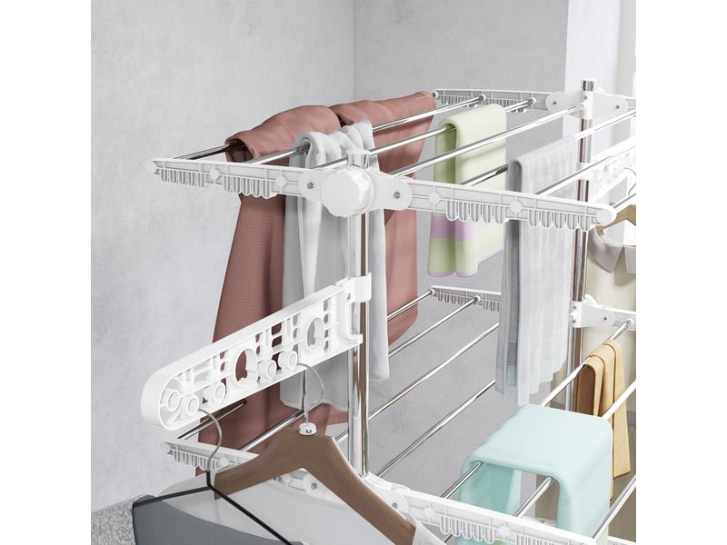  Étendoir à linge mobile, pliable à 4 niveaux, avec roulettes, système de verrouillage, rallonges latérales, abs, blanc  - Conforama E