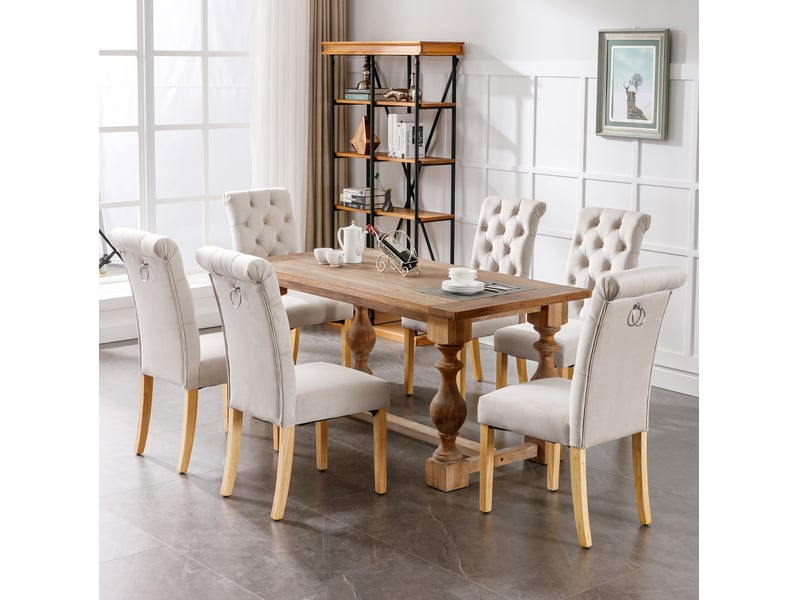  Chaise de salle à manger lot de 6 avec dossier capitonné et pieds réglables en bois et velours beige  - Conforama E