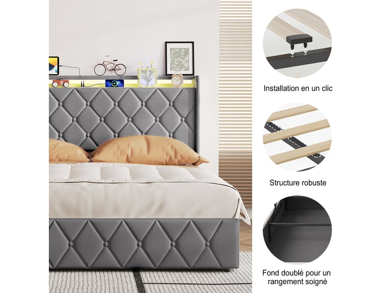  Lit coffre 160x200 cm avec led et usb, lit adulte capitonné avec rangement hydraulique, lit 2 places avec sommier à lattes, lit double avec tête de lit rembourrée, velours gris  - Conforama D