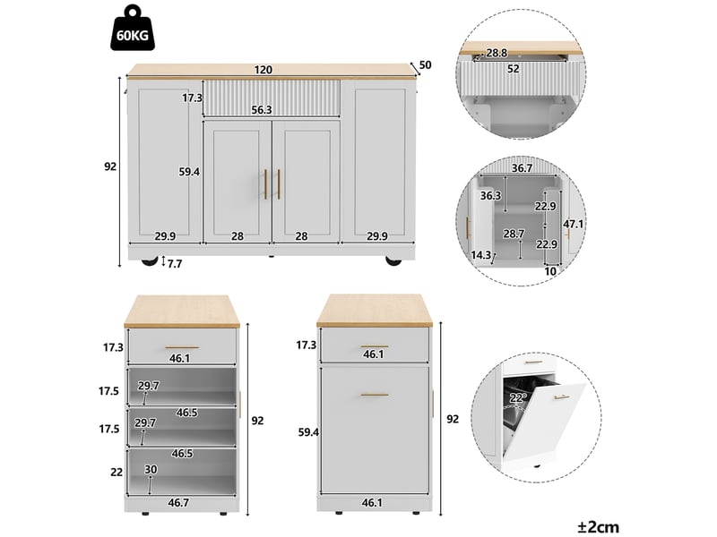  Îlot de cuisine 120x50x92 cm avec tiroirs, portes, roulettes et étagères, pour cuisine, en mdf et métal, bois et blanc  - Conforama C