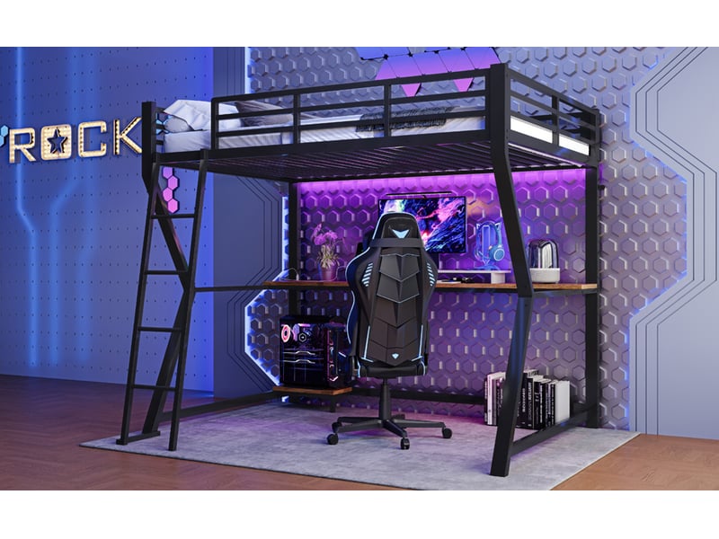  Lit mezzanine 90 × 200 cm, bureau, étagère ordinateur, led, prises usb, barrières, échelle, métal et mdf, noir  - Conforama B