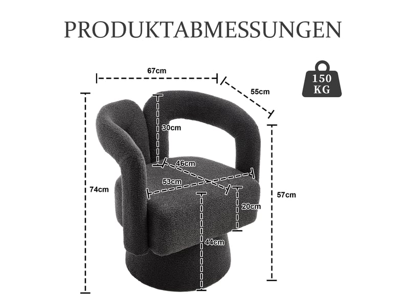 Fauteuil pivotant 360 degrés avec dossier enveloppant et assise rembourrée en tissu bouclé gris foncé, 67 × 55 × 74 cm - Conforama D