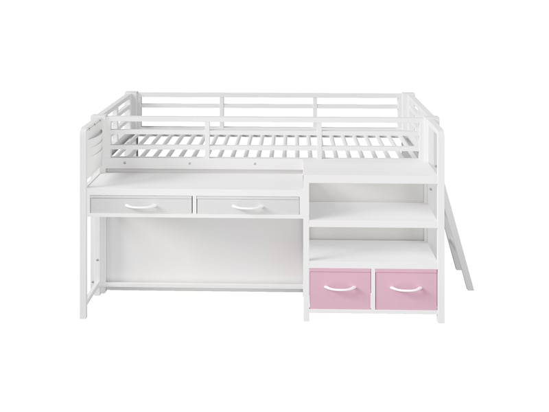  Lit mezzanine 90 x 200 cm avec bureau, espace de rangement et tiroirs en tissu, lit enfant en métal avec rideau, étagère à plusieurs niveaux et éclairage led, blanc  - Conforama D