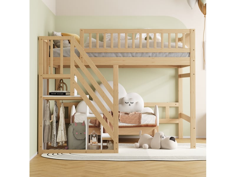  Lit mezzanine enfant 140x200 cm en bois avec escalier de rangement, naturel  - Conforama E
