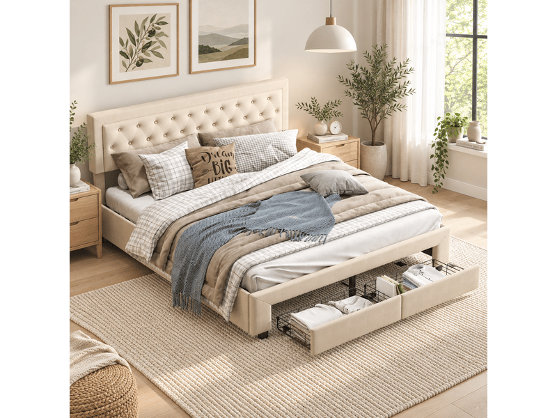  Lit double 160x200cm, lit coffre avec rangement hydraulique et 2 tiroirs, lit adulte avec sommier à lattes, lit capitonné en velours beige, sans matelas  - Conforama B