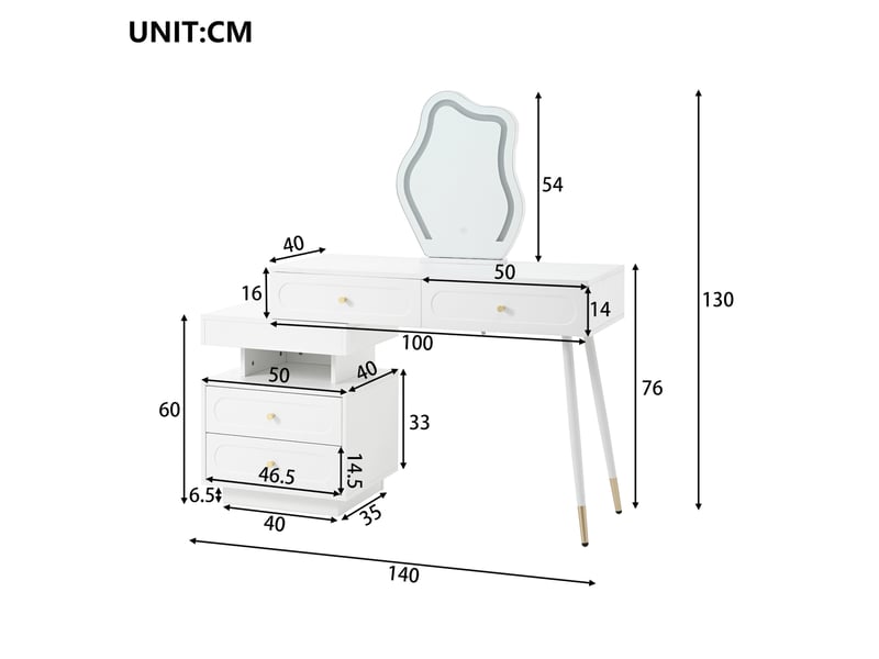  Coiffeuse miroir led tactile avec 4 tiroirs et niche, meuble latéral modulable pour chambre, blanc, 140 × 40 × 130 cm  - Conforama E