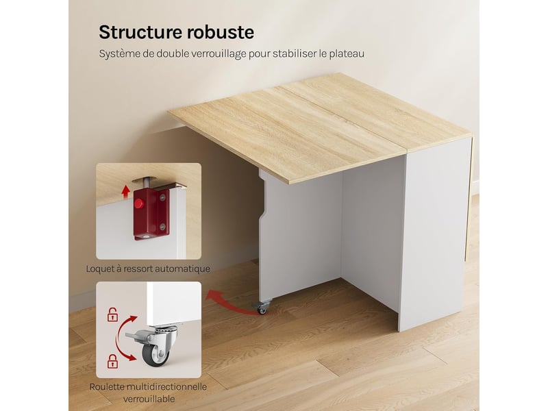 Table de salle à manger pliante, 3 formes possibles, en bois d'ingénierie, à roulettes avec freins, chêne clair - Conforama E