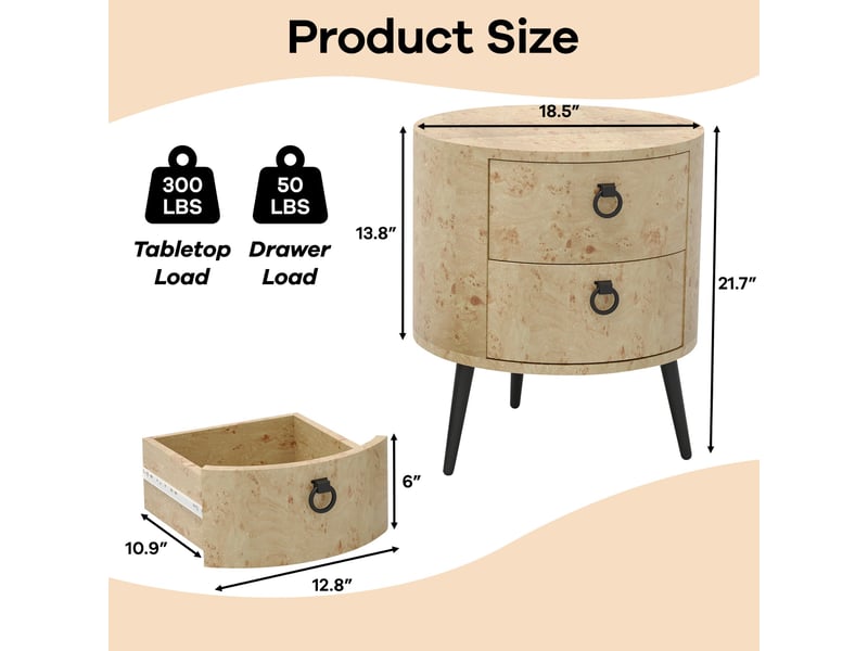  Table d'appoint ronde 2 tiroirs, bout canapé, chevet, style mid-century, bois naturel, pieds métal, rangement salon chambre PHO_346UKRXP - Conforama E