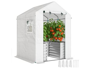 Serre à tomates, serre tunnel avec plate-bande surélevée, porte sectionnelle, fenêtre, toit incliné, 141 x 141 x 190 cm, blanche