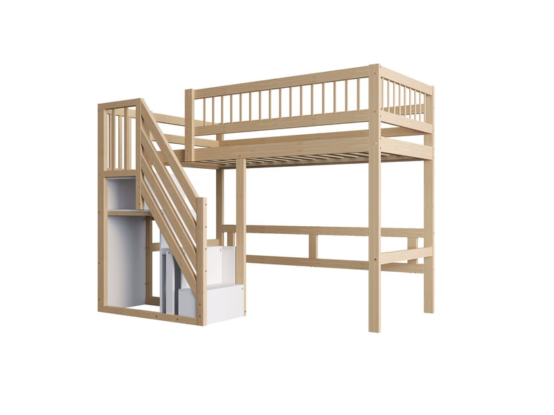  Lit mezzanine enfant 90x200 cm avec escalier avec rangements intégrés, espace de rangement pratique, structure bois, naturel OMNIGLINT TRADING LTD - Conforama E