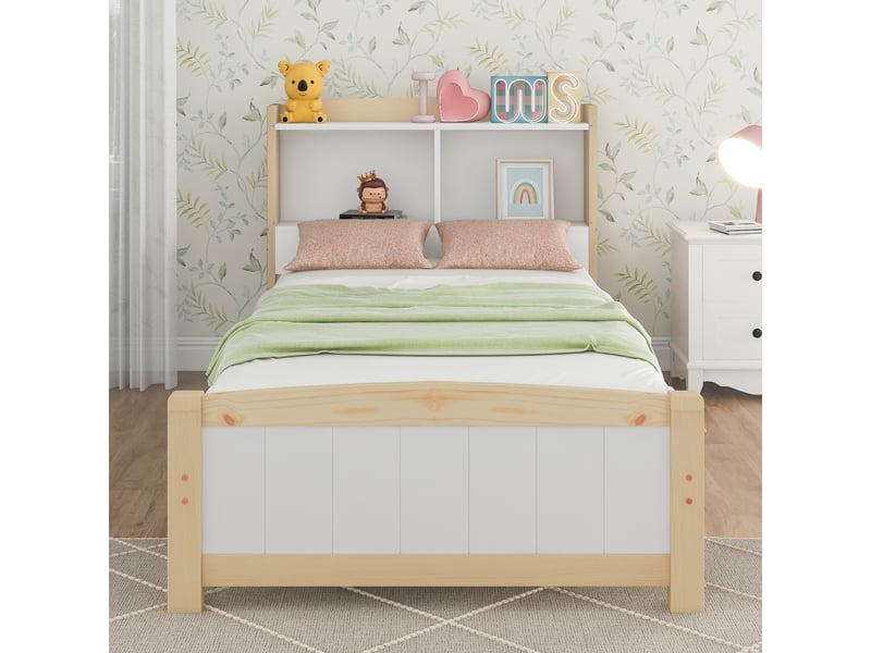  Lit simple 90x200 cm en bois massif avec tête de lit à rangements et matelas à ressorts inclus, blanc  - Conforama B