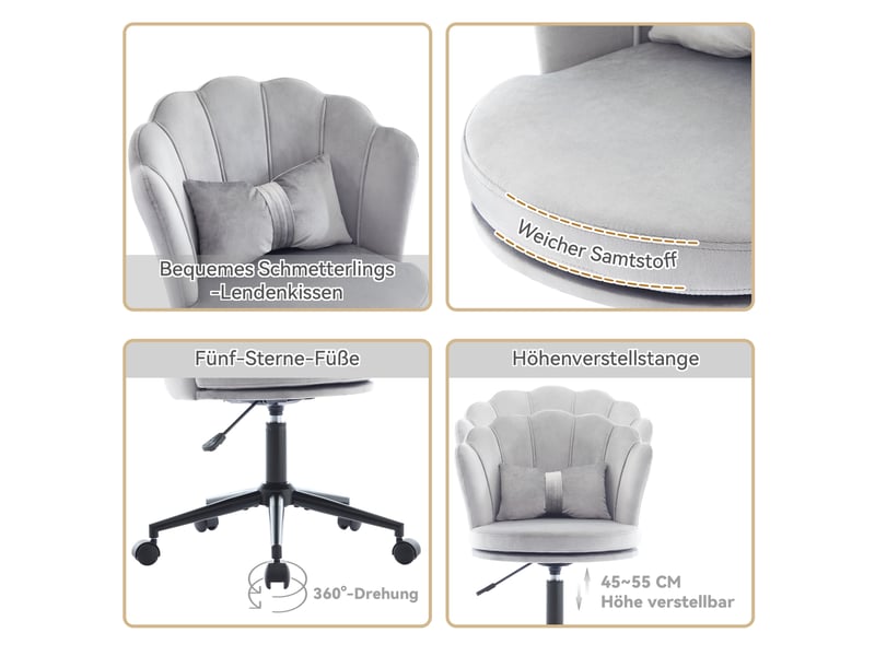  Chaise de bureau pivotante et réglable avec dossier pétale et coussin lombaire en velours gris  - Conforama E