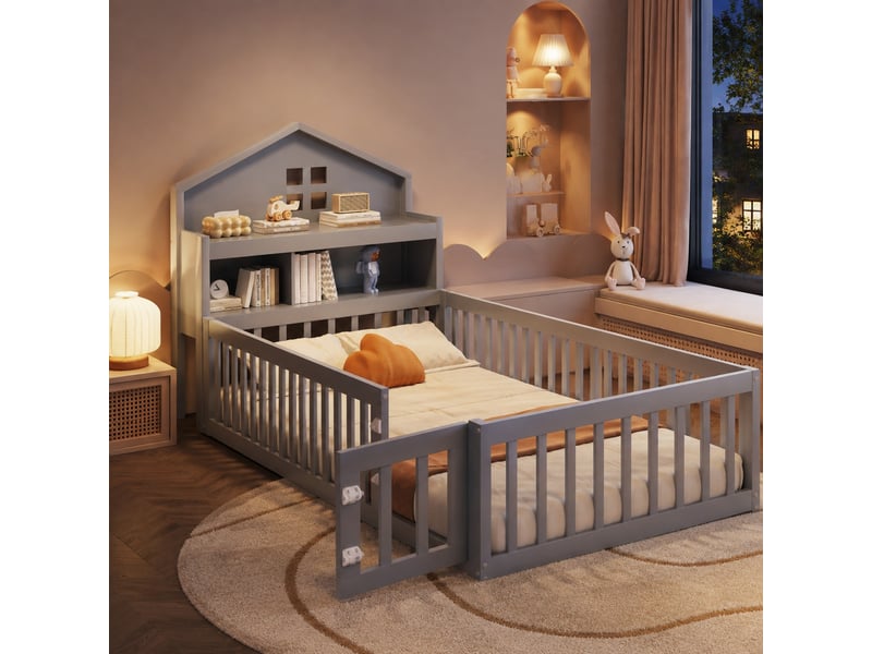Lit enfant cabane 90x200 cm avec rangements, barrière et porte gris - Conforama D