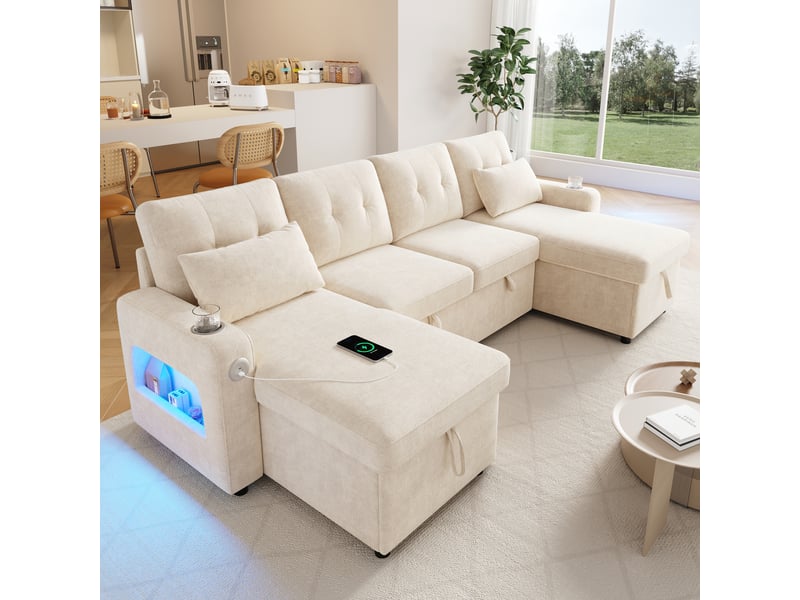 Canapé d'angle convertible panoramique 4 places chenille beige 266x131x85 cm avec rangement, usb, led et porte-gobelets N653P7709GA - Conforama B