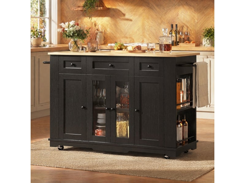  Îlot de cuisine avec plateau rabattable et rangements en mdf 151,5×60×91,7 cm noir et naturel  - Conforama B