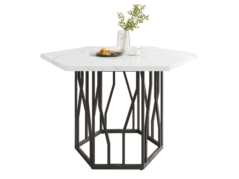  Table à manger hexagonale moderne – plateau en mdf marbré &amp; structure métal noir –style élégant pour salonsalle à manger bicolore - Conforama A