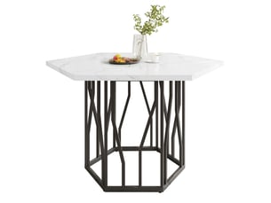 Table à manger hexagonale moderne – plateau en mdf marbré & structure métal noir –style élégant pour salonsalle à manger
