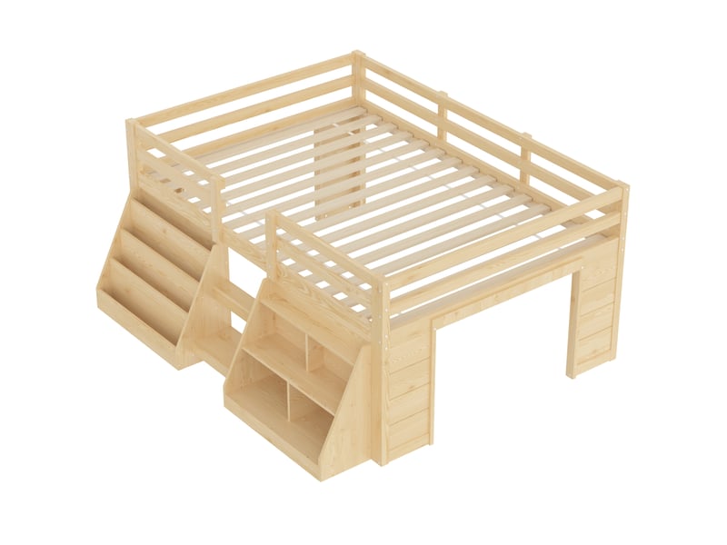 Lit enfant 140 x 200 cm – avec étagères de rangement – avec barrières de sécurité – avec échelle – avec éclairage led – naturel (matelas non inclus) - Conforama W
