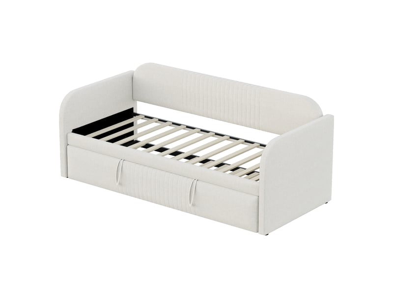  Lit capitonné, canapé-lit extensible 90180*190 cm, à rayures verticales, avec sommier à lattes, lit multifonctionnel, tissu en lin confortable et respirant, beige (matelas non inclus)  - Conforama E