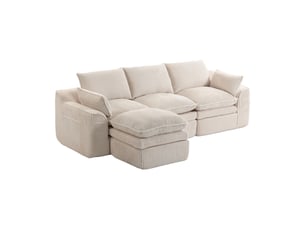 Canapé modulaire 3 places avec pouf convertible velours côtelé beige 263 x 167 x 85 cm poches latérales
