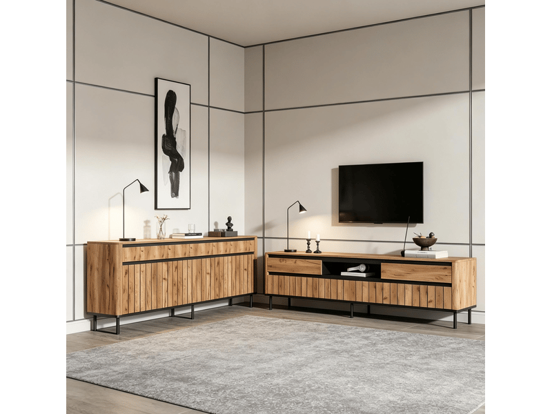 Ensemble meuble tv et buffet avec 4 portes, 3 portes et rangements ouverts pour salon en mdf et métal naturel noir - Conforama C