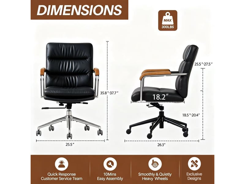 Chaise de bureau en cuir noir ergonomique réglable en hauteur avec accoudoirs en chêne et roulettes - Conforama C