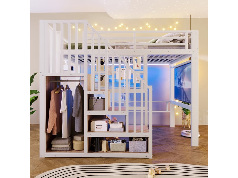  Lit mezzanine 140x200 cm avec led, escalier de rangement, panneau grillagé, support projecteur et sommier, gain de place en métal, blanc Sol Morn - Conforama D