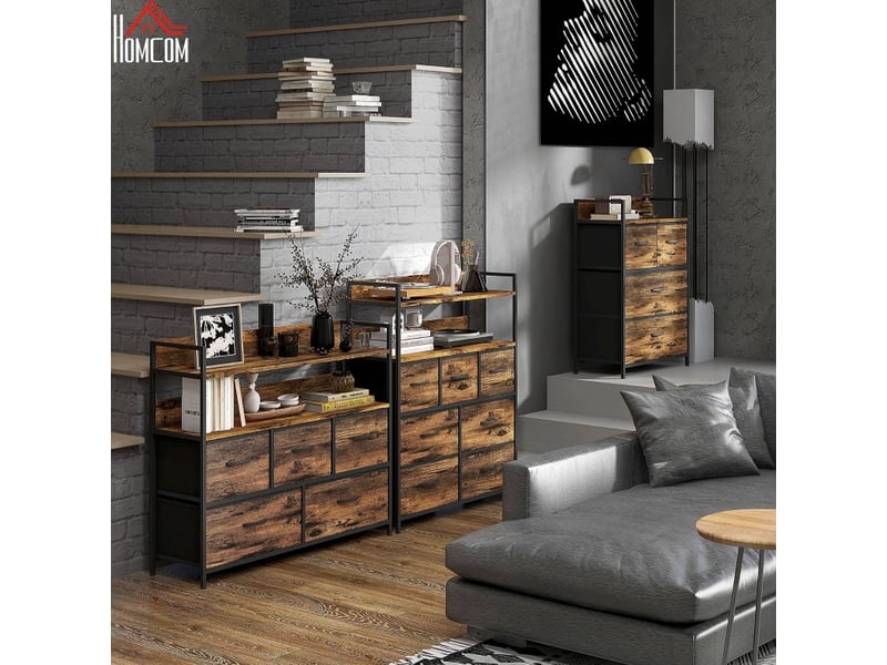  Commode 60x29x85 cm marron rustique et noir, 4 tiroirs en tissu, style industriel, rangement compact  - Conforama D