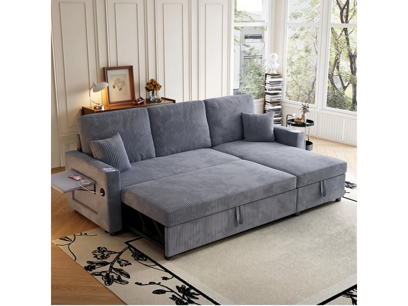  Canapé d’angle (à droite) convertible 3 places 207,5 x 142 x 84,5 cm, avec rangement, assise spacieuse et méridienne, velours côtelé, gris OMNIGLINT TRADING LTD - Conforama B