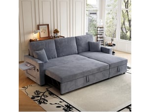 Canapé d'angle droit convertible <strong></strong> <strong>OMNIGLINT TRADING LTD</strong> 3 places Velours côtelé gris avec coffre de rangement