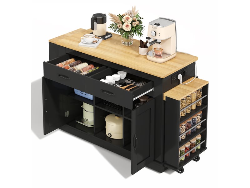  Îlot de cuisine extensible avec double plan de travail, chariot de cuisine mobile sur roulettes, 142-340cm, noir  - Conforama A