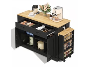 Îlot de cuisine extensible avec double plan de travail, chariot de cuisine mobile sur roulettes, 142-340cm, noir