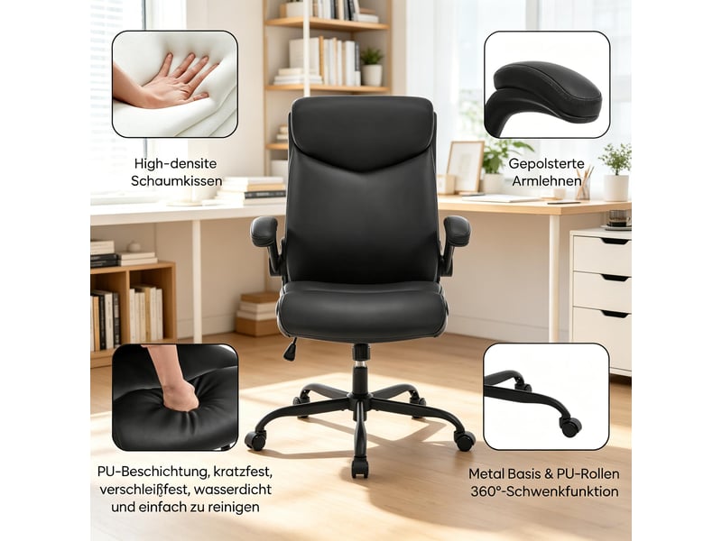  Chaise de bureau pivotante avec accoudoirs relevables - lpospi - hauteur réglable, pu et métal - noir  - Conforama E