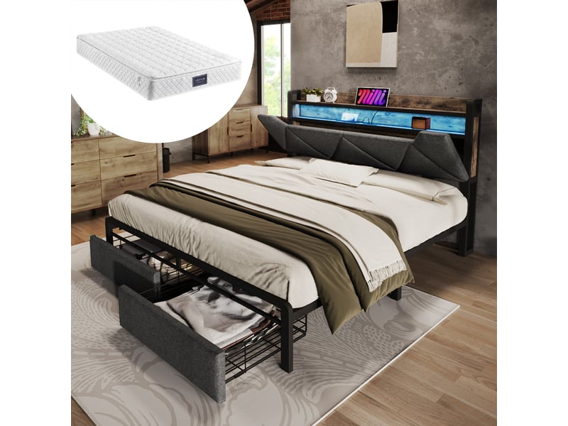  Lit coffre 140x200 - lit double avec rangement intégré et éclairage led - lin - matelas inclus - gris  - Conforama B