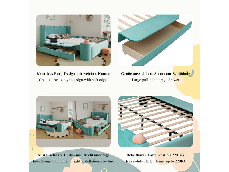  Lit enfant double 140×200 cm avec tiroir et tablette rabattable - okmyhome- velours bleu-vert, sans matelas  - Conforama E