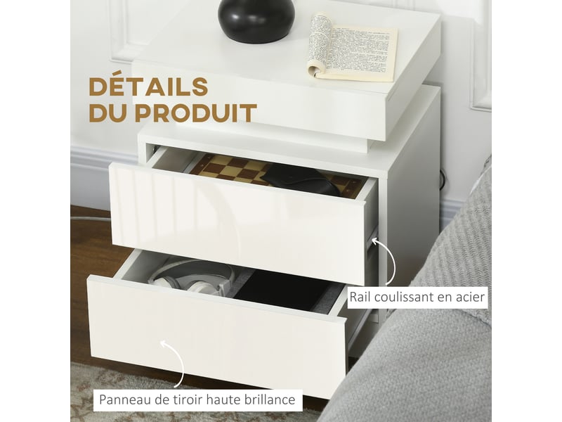 Table de chevet table de nuit lumière led rvb panneau haute brillance avec 2 tiroirs pour chambre salon à coucher blanc  - Conforama W