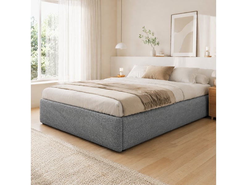 Sommier 90x200 cm, gris, avec espace de rangement et 1 tiroir, lit coffre enfant, revêtement coton-lin, sans matelas ni tête - Conforama B