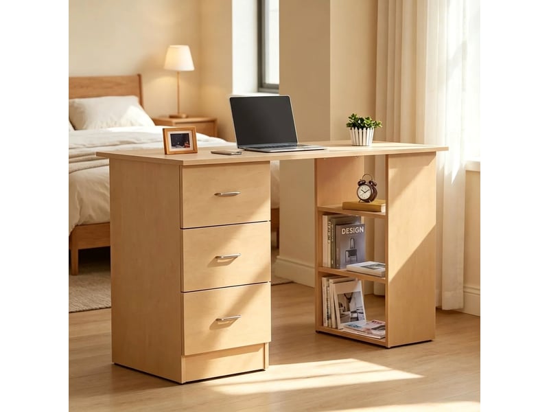  Bureau informatique bois clair 120 cm avec 3 tiroirs et étagères réversibles  - Conforama B