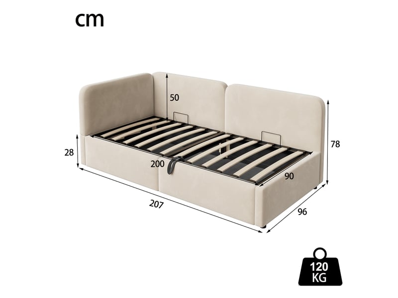  Lit coffre 90x200 cm avec rangement hydraulique et tête de lit rangement, lit simple avec sommier à lattes en tissu beige  - Conforama E
