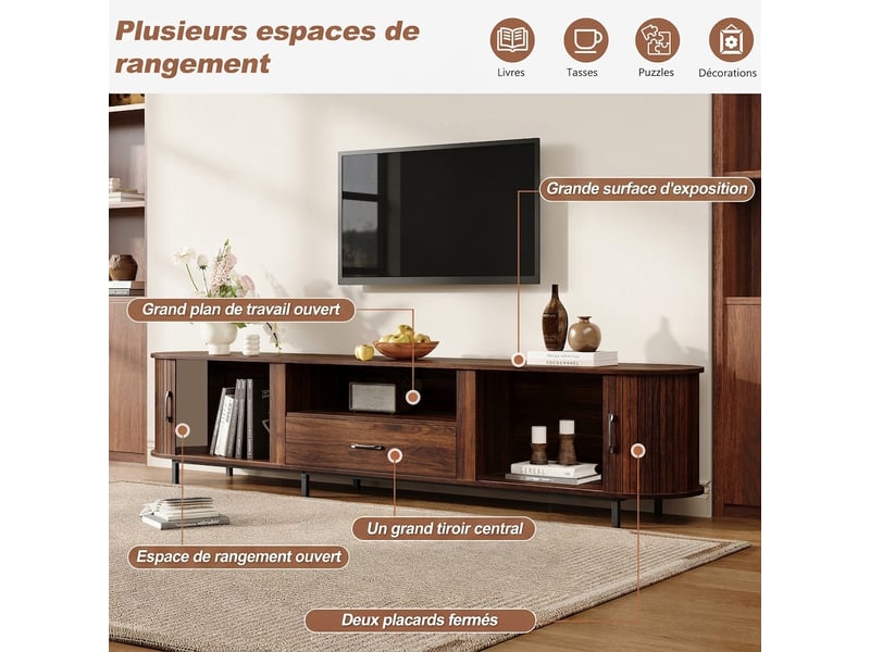 Meuble tv 180 cm pour téléviseur 75 pouces, couleur noyer avec portes coulissantes et tiroir, style rétro  - Conforama D
