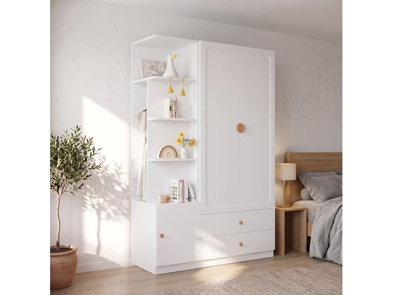  Armoire 135x45x200 cm à portes battantes, 2 tringles, 2 tiroirs, poignées en bois, mdf, bois et métal, blanc, rangement  - Conforama E